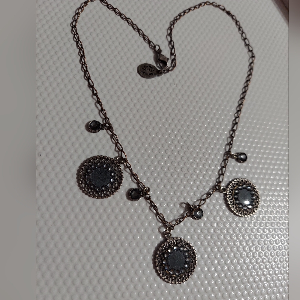 Vintage Anne Koplik Designs Bronze/Faceted Swarovski Crystal Smoky Blue Charm Ne
